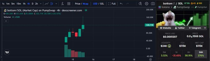 A cryptocurrency trading chart displays 'bottom / SOL (Market Cap) on PumpSwap' with a price chart and stats showing 5M: 3.32%, 1H: -21.43%, 6H: 38.15%, and 24H: 276%.
