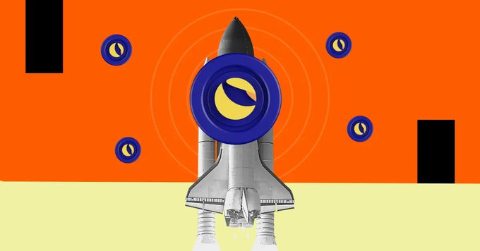 A space shuttle launching upward appears in the center of the image, surrounded by multiple Crypto.com–branded eyes (blue and yellow logos) against an orange sky with a pale yellow ground below. The rocket-launching symbolism visually represents the bullish "$LUNC" price targets of $0.001, $0.01, $0.1, $1, $10, $100, and $1000 noted in the accompanying post, suggesting Terra Luna Classic is poised for a major upward "liftoff."