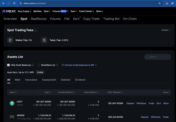 The image shows a MEXC Spot wallet page displaying an Assets List with the user's holdings, including 1,128,549.54 ANSEM (The Block Bull) tokens valued at approximately $264,952.83 USD, along with ~381,847 USDT. The screenshot illustrates the user's current ANSEM token position on the exchange, providing context for their deliberation about whether to hold or sell the ANSEM holdings amid concerns about competition from Robinhood affecting Solana-based tokens.