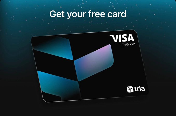 The image features a Visa Platinum credit card advertisement, which is displayed against a black background with blue and purple elements. The text "Get your free card" is prominently placed at the top of the image, while the words "Visa" and "Platinum" are written below it. Below these, there's an explanation about how to use the card, stating that users can start using their virtual card immediately after making a purchase on Trivia. The text also mentions that the card is free and offers cashback rewards for every purchase made with the card.