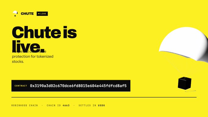 A bright yellow promotional graphic announces "Chute is live," offering perpetual downside protection for tokenized stocks, with a visible contract address (0x3190a3d02c670dce6fd8015e604e445dfdcd8af5) deployed on Robinhood Chain (Chain ID 4463) and settling in USDG, reinforcing the post's details about no-expiry, premium-by-the-block coverage.