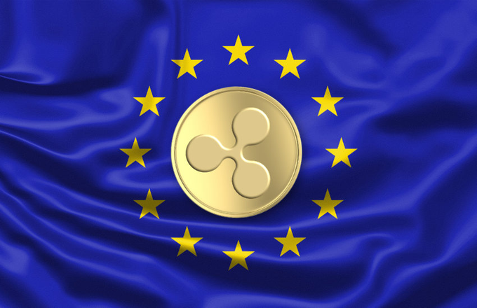 The image shows the European Union flag featuring a gold Ripple (XRP) cryptocurrency coin at its center, symbolizing Ripple's new full MiCA approval to operate across all 30 EEA countries.