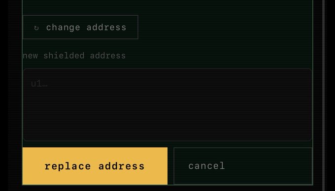 A dark-themed interface screen displays a 'change address' option with a 'new shielded address' input field starting with 'u1...', and buttons labeled 'replace address' and 'cancel'.
