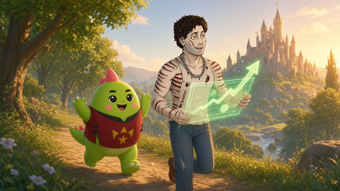 A digital illustration depicts a man holding a glowing green upward arrow chart walking alongside a green dinosaur-like mascot in a red vest, with a castle in the fantasy background.