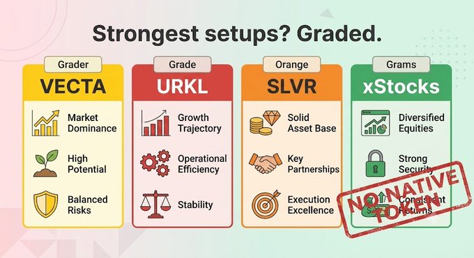 An infographic titled 'Strongest setups? Graded' comparing four crypto projects: VECTA (Market Dominance, High Potential, Balanced Risks), URKL (Growth Trajectory, Operational Efficiency, Stability), Orange SLVR (Solid Asset Base, Key Partnerships, Execution Excellence), and xStocks (Diversified Equities, Strong Security, Compliant Returns) with a 'NOT A FINANCIAL ADVICE' stamp.