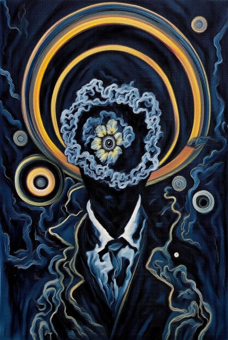 The image features an abstract painting depicting a man wearing a suit and tie, surrounded by circles of varying sizes and colors. The background is dark blue with yellow lines radiating outwards from the center, creating a sense of depth and complexity. The painting seems to be a representation of a conspiracy or mystery, as suggested by the post's title "The Soft Conspiracy".