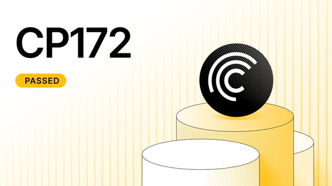 A graphic features the text "CP172" alongside a "PASSED" badge and a stylized "C" logo on a black sphere, symbolizing the approval of Centrifuge Proposal 172 to convert tokens to shares. The image visually represents the successful governance vote referenced in the post, which discusses how revenue from a thriving crypto company like Centrifuge should flow to token holders.