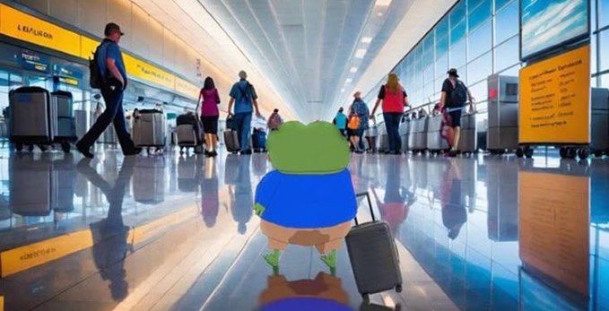 An illustrated green frog character in a blue shirt pulling a black suitcase through an airport terminal filled with travelers walking past large windows.