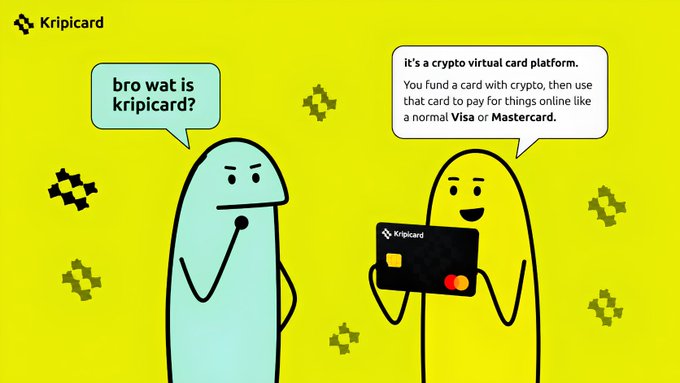 An animated advertisement on a yellow background shows two cartoon characters explaining Kripicard, describing it as a 'crypto virtual card platform' that allows funding with crypto and spending like a normal Visa or Mastercard.