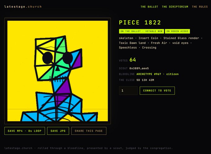 Webpage from latestage.church displaying a digital art piece titled 'PIECE 1822' titled 'Skeleton - Insert Coin,' with 64 votes, being 'rolled through a bloodline, presented by a scout, judged by the congregation.'