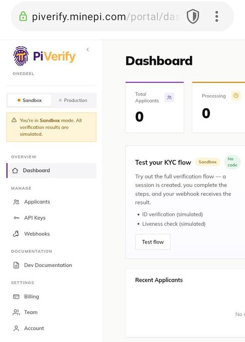 The image shows the PiVerify dashboard (piverify.minepi.com) in Sandbox mode, displaying zero total applicants and zero processing, with options to test a simulated KYC flow including ID verification and liveness checks. This dashboard represents the Pi Network's KYC verification platform where businesses, enterprises, exchanges, and AI infrastructure can access identity verification services for Pi users.