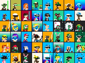 A grid collage of small pixel art characters in various outfits and colors, featuring different stylized figures including some with hats, animals, and fantasy-themed designs.