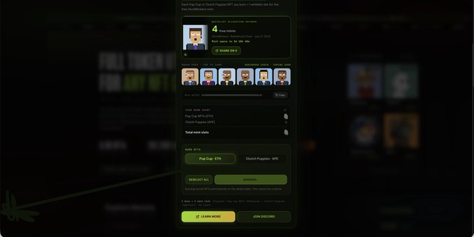 A digital trading card for "Stonk Broker - Alexander Jerome" (#89) displaying a 4-day price update of 0.8772 ETH, $3,283, with next update in 3h 58m, alongside a row of six NFT avatars and mint statistics showing 3284 minted. The interface features "Quick Flip" and "Clutch Popcorn" buttons, with options to swap NFTs via Clutch Popcorn and Clutch Popcorn - APE, relating to the user's post about burning Pup Cup NFTs to mint StonkBroker NFTs on the Robinhood Chain.