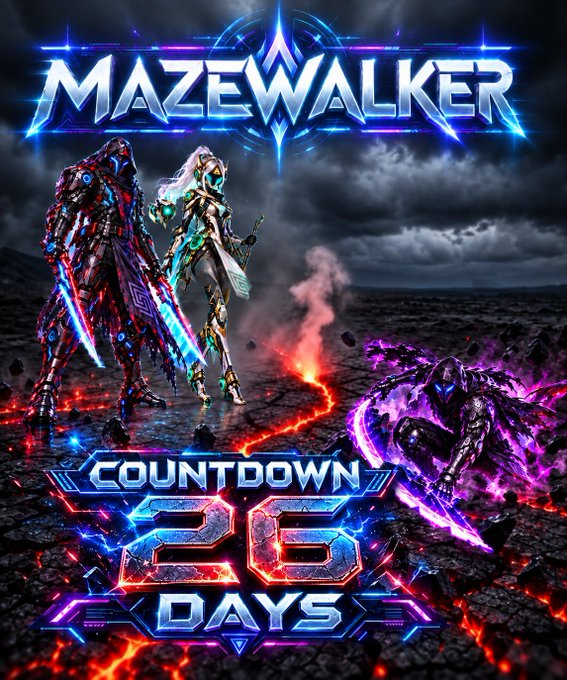 Promotional graphic for 'MAZEWALKER' featuring armored figures in a dramatic volcanic landscape, with text reading 'COUNTDOWN 26 DAYS'.