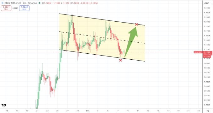 A 4-hour candlestick chart of $SUI/USDT on Binance shows the cryptocurrency consolidating within a descending parallel channel (bull flag pattern) between approximately $1.08 and $1.24, with a green arrow indicating a potential bullish breakout toward $1.28-$1.30, currently trading at $1.1286.