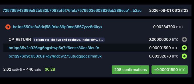 A Bitcoin transaction record showing addresses, amounts in BTC, 208 confirmations, and an OP_RETURN message reading 'i clean btc, do kyc and cashout. I take 10%. T...' from 2026-08-01.