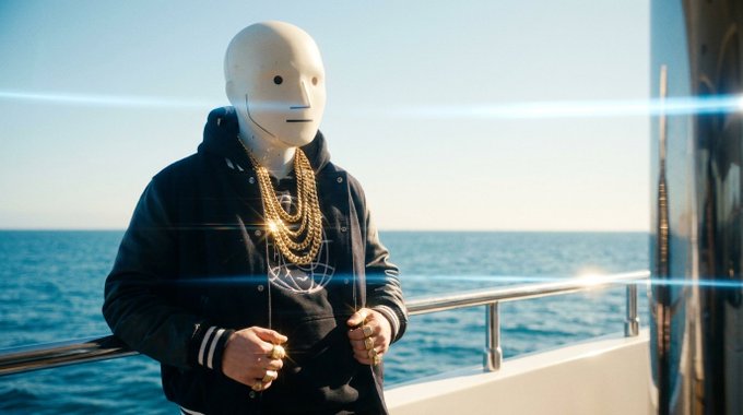 An AI-generated or stylized image of a figure wearing a white featureless mask, black hoodie, and multiple gold chains, standing on a boat with the ocean in the background.