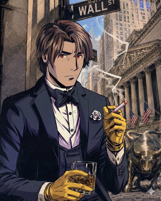 A comic book style illustration of a handsome man in a tuxedo and yellow gloves smoking a cigar and holding a glass of whiskey on Wall Street, with the Charging Bull statue and New York Stock Exchange visible in the background.