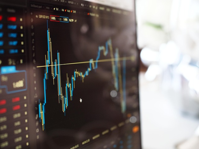 A close-up of a computer monitor displaying a financial candlestick chart with blue and yellow bars.
