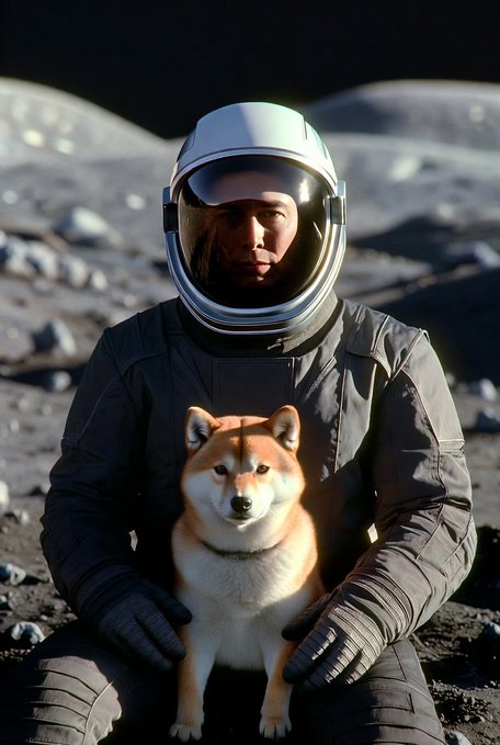 An astronaut in a space suit kneels on a lunar landscape, cradling a Shiba Inu—the iconic Dogecoin mascot—in their arms. The image playfully riffs on the "to the moon" rallying cry used by Dogecoin enthusiasts, depicting the beloved dog as an astronaut's companion on a lunar mission.