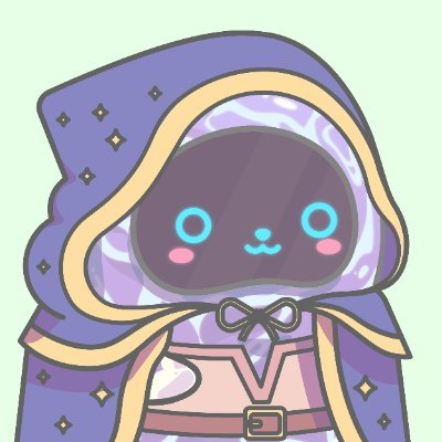 Illustration of a cute character wearing a purple hooded cloak with star patterns and a face covering, displayed in kawaii art style.