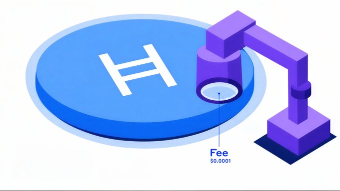 The image illustrates this concept by showing a purple microscope hovering over a blue disk marked with a stylized "H" (likely representing Hedera), with a tiny speck labeled "Fee $0.0001" magnified beneath the lens—visually emphasizing how Hashgraph's transaction fees are so minuscule they require a microscope to see.