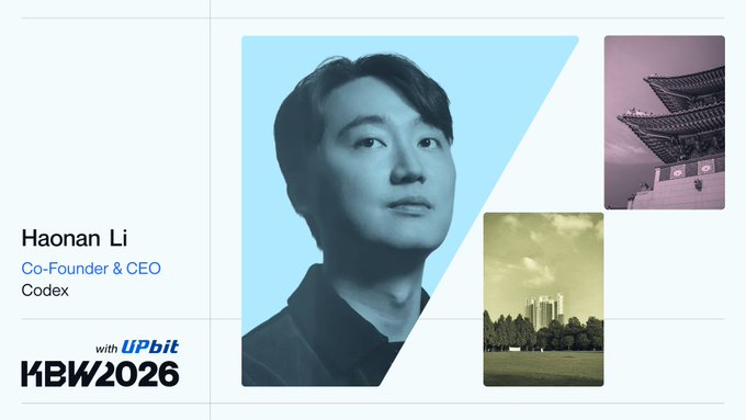 A promotional graphic for 'KBW2026 with UPbit' featuring Haonan Li, Co-Founder & CEO of Codex, alongside images of traditional Korean architecture and a modern cityscape.