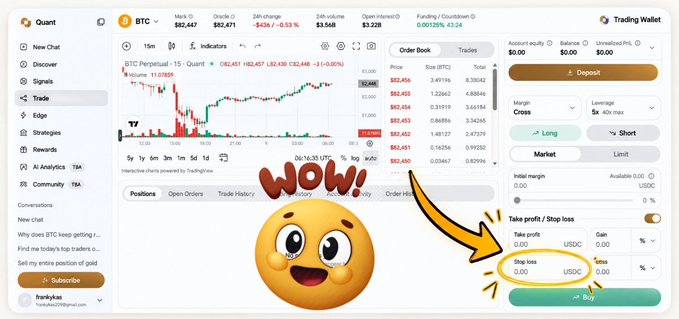 A cryptocurrency trading interface on Quant showing a BTC/USDC perpetual chart, with a 'WOW!' emoji and an arrow pointing to the stop loss field.