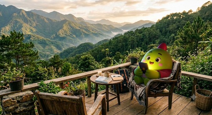 A cute green cartoon avocado character wearing a red hat sits on a wooden chair at a mountain-view terrace, holding a phone as if reading updates. The serene nature backdrop complements the post's relaxed "GM" (Good Morning) tone, while the avocado on its phone mirrors the vibe of catching up on weekly Web3 project builds.