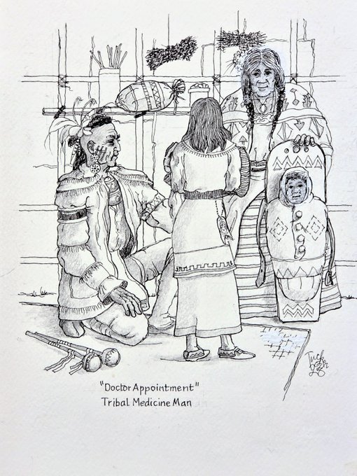 A pencil sketch titled 'Doctor Appointment - Tribal Medicine Man' depicting a Native American medicine man treating a patient in a traditional dwelling.