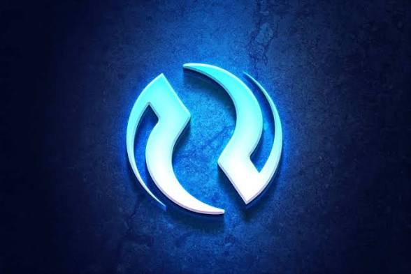 A glowing blue circular logo composed of curved, swooping lines sits against a textured dark blue background, resembling a cryptocurrency or tech company emblem.
