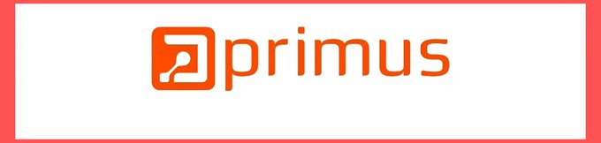 A simple logo design on a white background with a red border displays the word 'primus' in orange text, accompanied by an orange icon showing a music note inside a file shape.