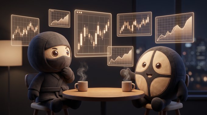 Two plush toy characters dressed as ninjas sit at a round table with steaming coffee mugs, while glowing stock market charts and candlestick graphs float in the background.