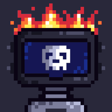 A pixel art image of a robot or computer monitor with a skull on its screen, topped with red and yellow flames.