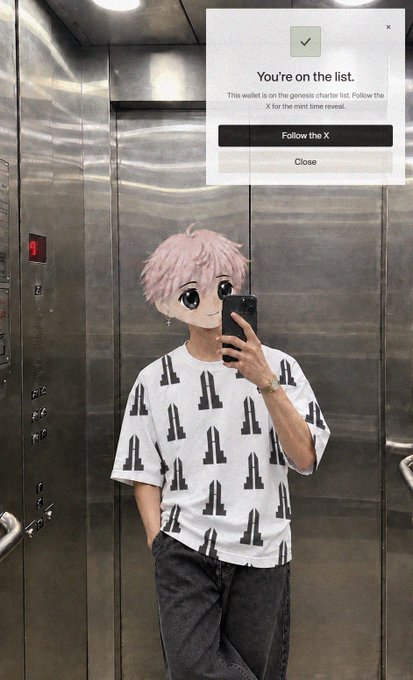 An anime-style avatar with pink hair wearing a black-and-white patterned shirt takes a mirror selfie in an elevator, with a Genshin Impact gacha pull confirmation overlay reading "You're on the list."