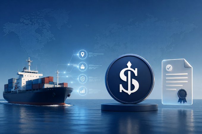 A conceptual digital graphic showing a cargo ship on the left and a 3D blue coin with a dollar symbol next to a certificate on the right, with a world map and various icons connecting them in the background.