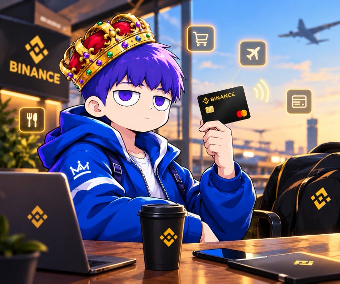 An anime-style illustration shows a purple-haired character wearing a crown and a blue Binance hoodie holding a Binance credit card, surrounded by Binance logos on various items in an airport-themed setting.