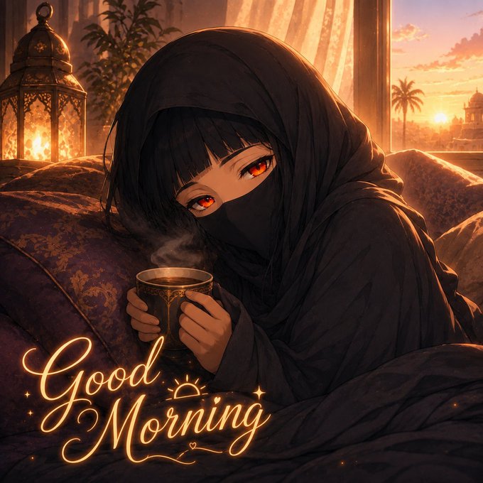 An anime-style illustration of a girl with red eyes wearing a black hood and face covering, holding a steaming cup with 'Good Morning' text below.