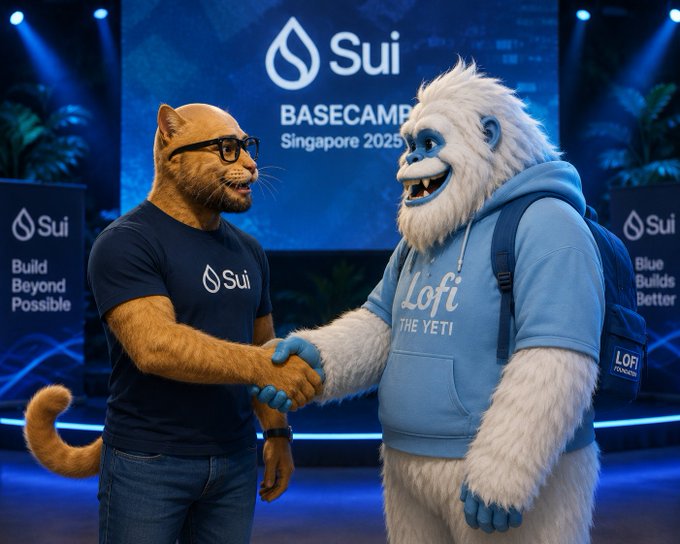 Two costumed mascots shaking hands on a stage with a 'Sui BASECAMP Singapore 2025' backdrop; one is a cat in a blue Sui t-shirt, the other a yeti wearing a 'Lofi the Yeti' hoodie.