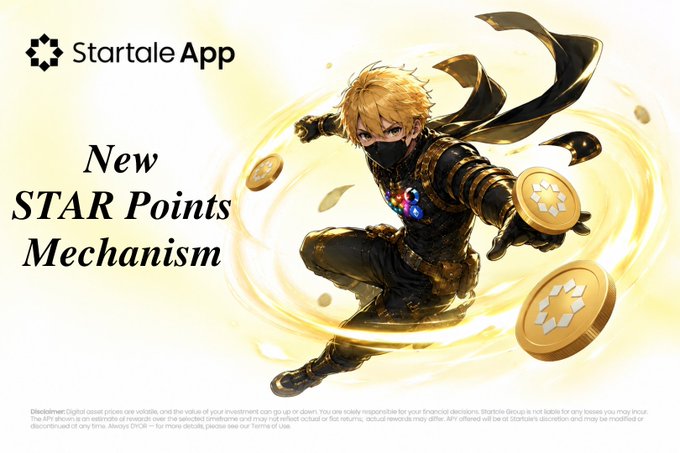A promotional image for Startale App announcing a 'New STAR Points Mechanism,' featuring an anime-style ninja character amid flying gold STAR tokens.