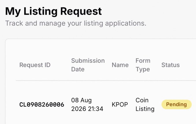 A screenshot of a 'My Listing Request' page showing a pending application with Request ID CL0908260006, submission date 08 Aug 2026 21:34, name KPOP, and form type Coin Listing.