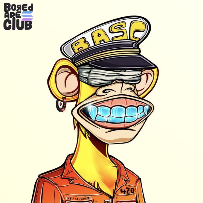 A Bored Ape Yacht Club-style NFT illustration of a yellow monkey character wearing a 'BASC' captain's hat and an orange prison uniform labeled '420' with a date of '28/10/2033'.