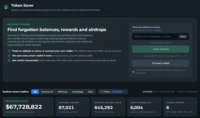 A dark-themed website for 'Token Saver', a tool for finding forgotten crypto balances, displaying a 'Recovery Scanner' interface and statistics showing '$67,728,822' in recoverable value across '645,292' wallets.