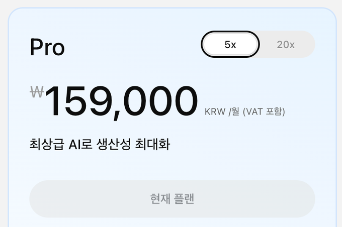 Korean subscription pricing card for the 'Pro' plan showing ₩159,000 KRW/month (VAT included) with a toggle between 5x and 20x options, noting the maximum AI generation quota.