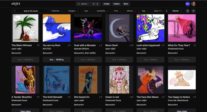 A screenshot of an NFT marketplace (objkt) displaying various digital artworks for sale, including pieces titled 'The Silent Witness', 'You are my Root', 'Duet with a Monster', 'Moon Devil', and others from the 'BarounArt' collection.