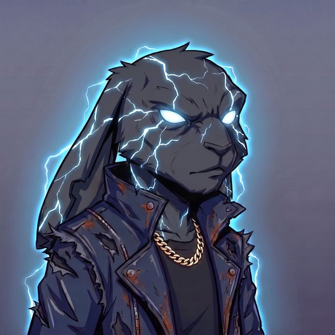 A digital illustration of a dark anthropomorphic rabbit-like character with glowing white eyes, surrounded by crackling blue electricity, wearing a spiked leather jacket and a gold chain.