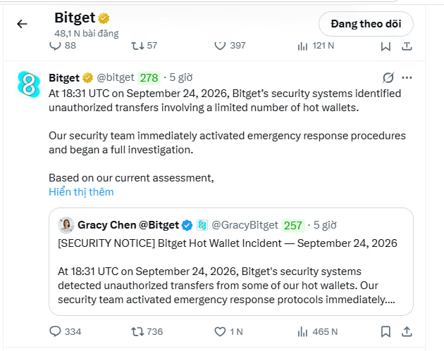 A Twitter/X screenshot of a post from Bitget (@bitget) dated 5 hours ago announcing a security incident on September 24, 2026, involving unauthorized transfers from their hot wallets.