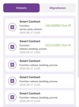 The image shows a transaction history interface displaying multiple smart contract calls on what appears to be the Pi Network testnet, including repeated "release_booking_escrow" functions executed on August 27, 2026, with test Pi amounts (+56.256892 and +52.214292). This activity suggests testing of escrow-related smart contracts, possibly hinting at preparation for a decentralized exchange (DEX) launch on the Pi Network mainnet, though no definitive timeline is shown in the image.