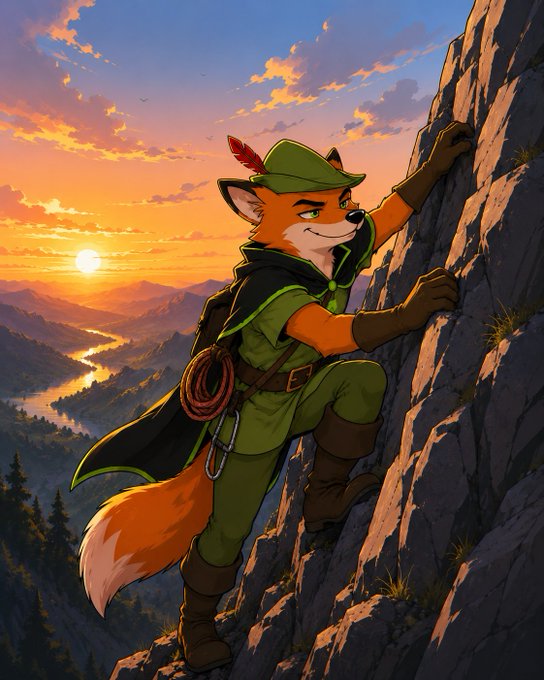 An anthropomorphic fox dressed as a mountaineer scales a steep cliff face at sunset, equipped with a climbing rope, harness, and feathered cap. The image visually reinforces the post's message by depicting the fox character—representing the $FOX token—triumphantly ascending a towering peak, symbolizing unstoppable ambition.