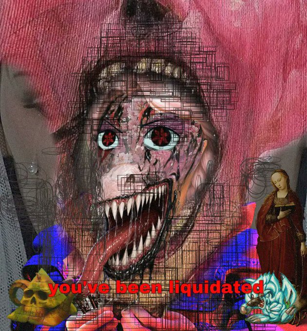 A grotesque, glitch-art illustration of a fanged, tongue-wagging figure with bloodshot eyes is overlaid with a pixel art skull and a Renaissance-style statue, accompanied by the red caption "you've been liquidated." The disturbing imagery of financial ruin ties directly to the live stream announcement, suggesting the "Marelady" horse race results where top finishers like "Psycho Biscuit" receive free mints.